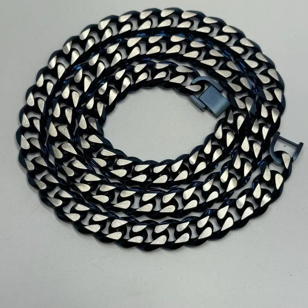 Men’s Solid Stainless Steel And Blue Ion Playing Chain Necklace 24”  109.57g
